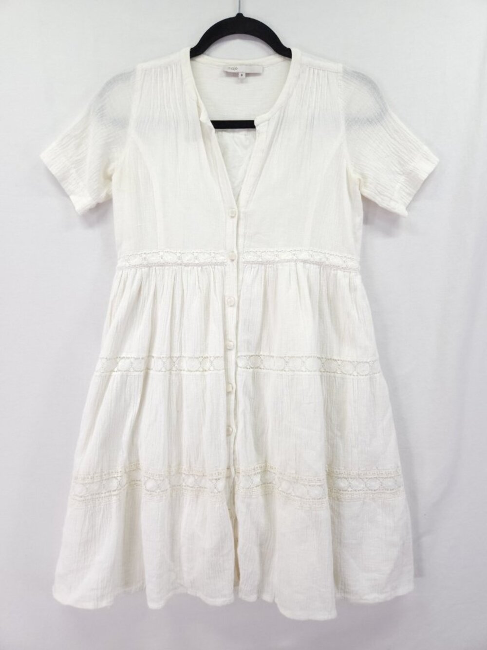 Maje Womens 0 XS Gauze Cotton Tiered Mini Dress Crochet Ivory Lace Trim